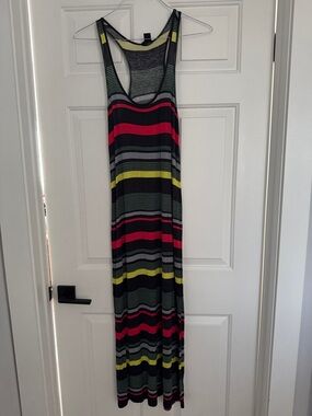 Aqua Striped Racerback Maxi Dress in Black, Gray, Pink & Yellow size small